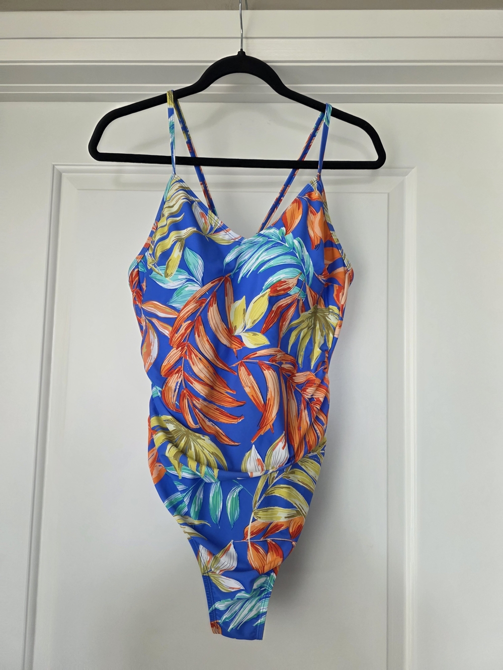 Cupshe Royal Blue One-Piece Swimsuit with Tropical Orange & Yellow Leaf Print
